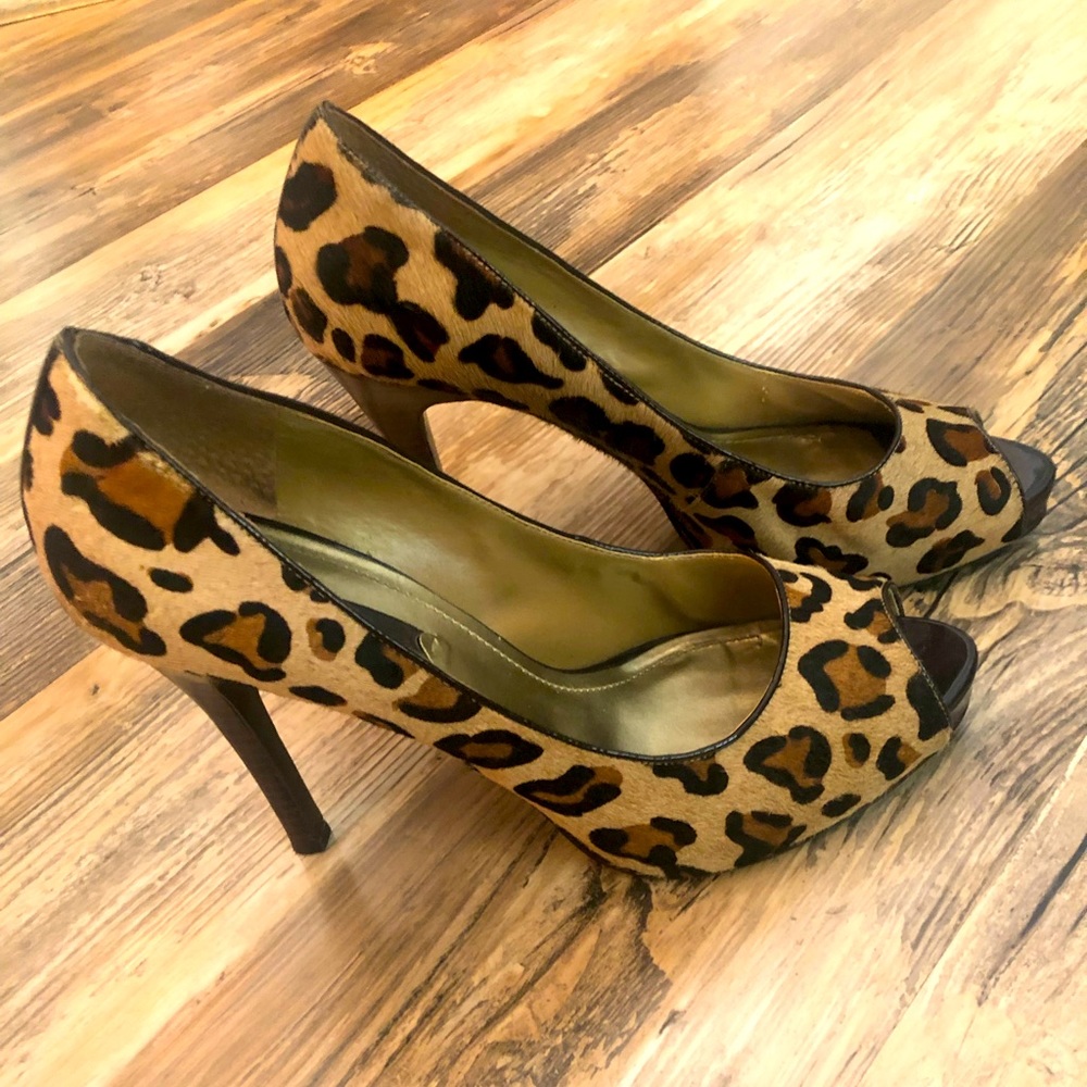 Leopard print peep-toe platform stiletto heels